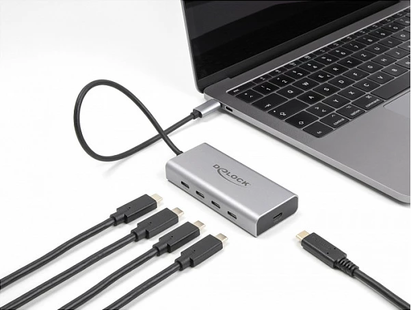 USB-C hub DeLOCK 5 porta, 4x USB-C + USB-C PD 85W, 10Gbps, 30cm, gri