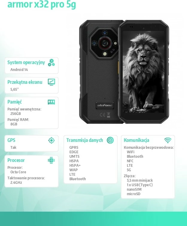 Celular Ulefone Armor X32 Pro 5G, 8/256GB, IP69K, i zi