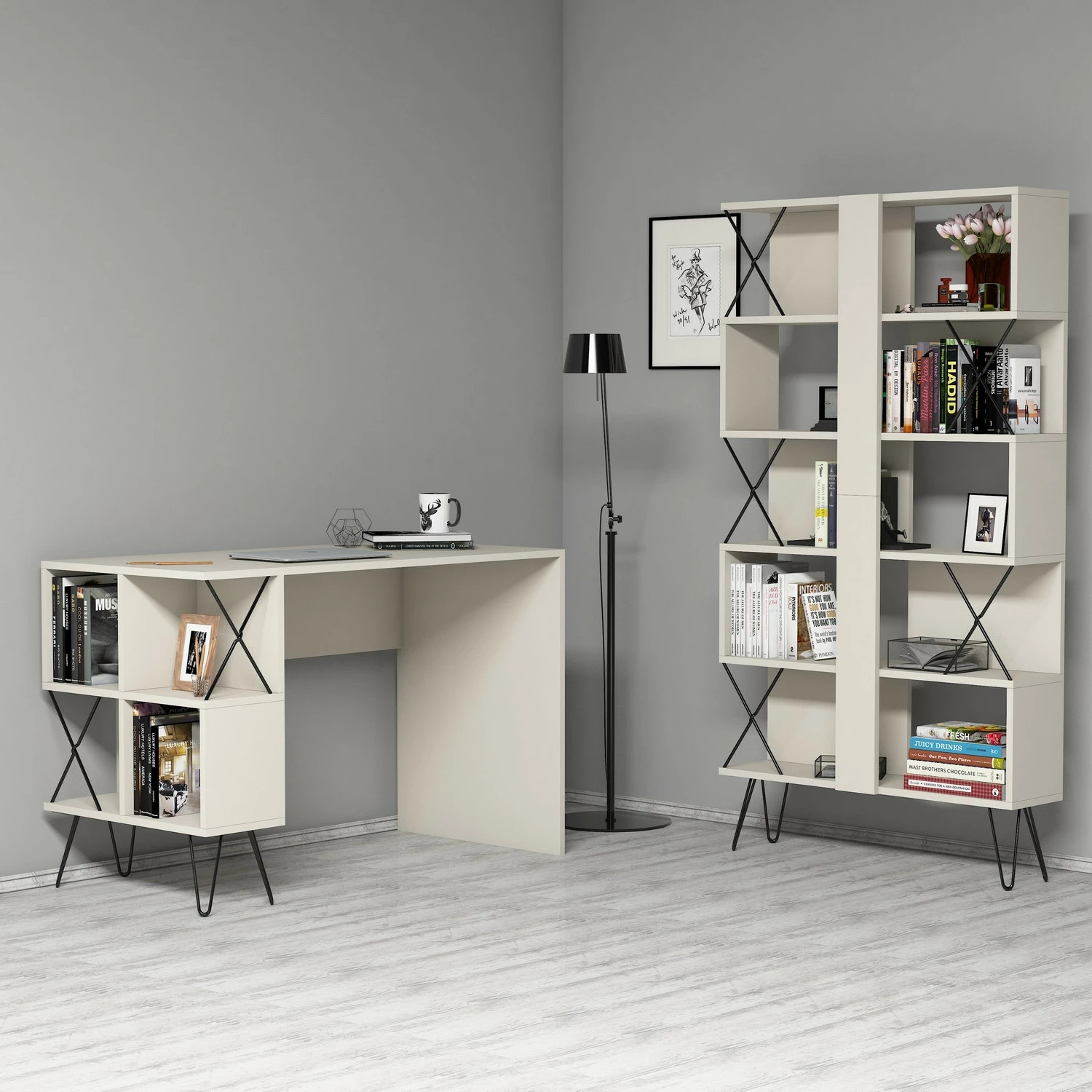 Tavolinë pune me raft librash Skye Decor, ekstra, krem