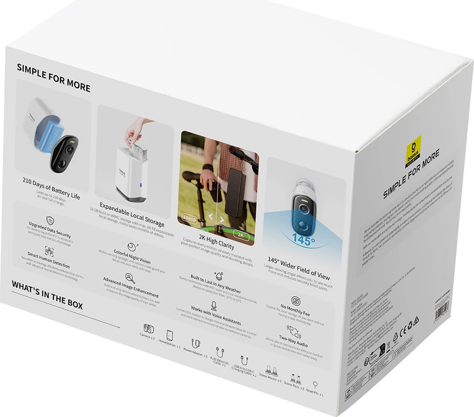 Set kamerash sigurie Baseus Security N1, 2K, 2 kamera, 16GB memorie, i bardhë