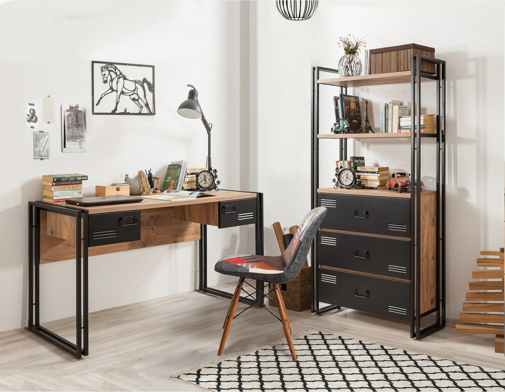 Set mobiljesh për dhomë studimi, Hanah Home, COSMO-TKM.10, ngjyrë Atlantic Pine dhe e zezë
