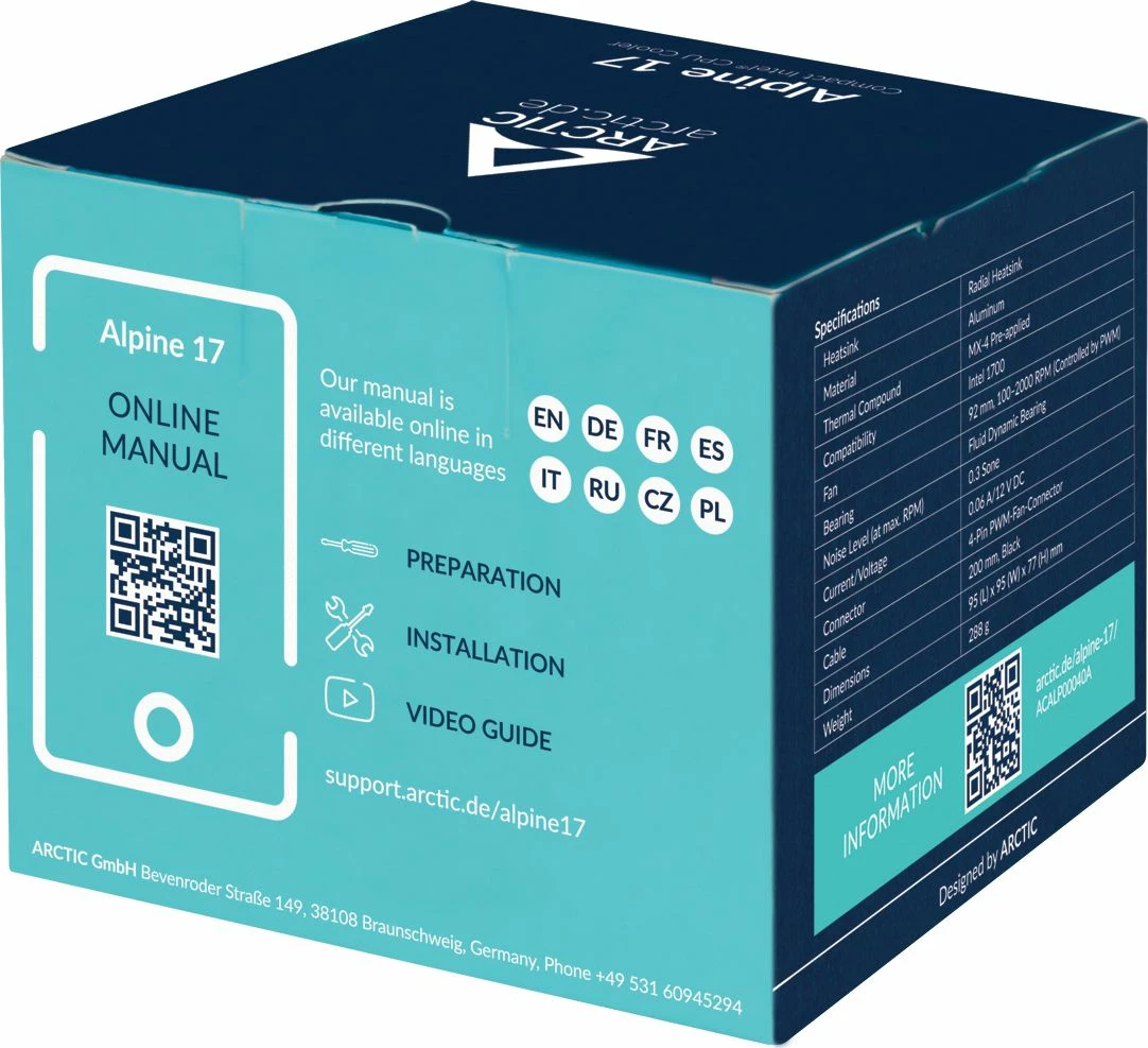 Ftohës CPU Arctic Alpine 17 ACALP00040A, 92 mm PWM, LGA1700/1851, 2700 rpm, 22.5 dBA, Bardhë