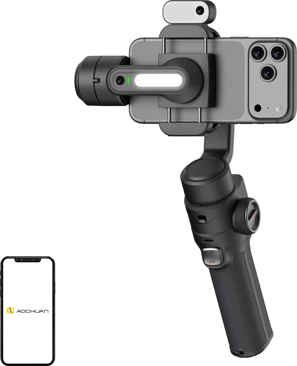 Gimbal stabilizator AOCHUAN Smart S3, 3-aks, AI Sensor, 360° tracking, dritë LED, set me tripod + çantë, i zi