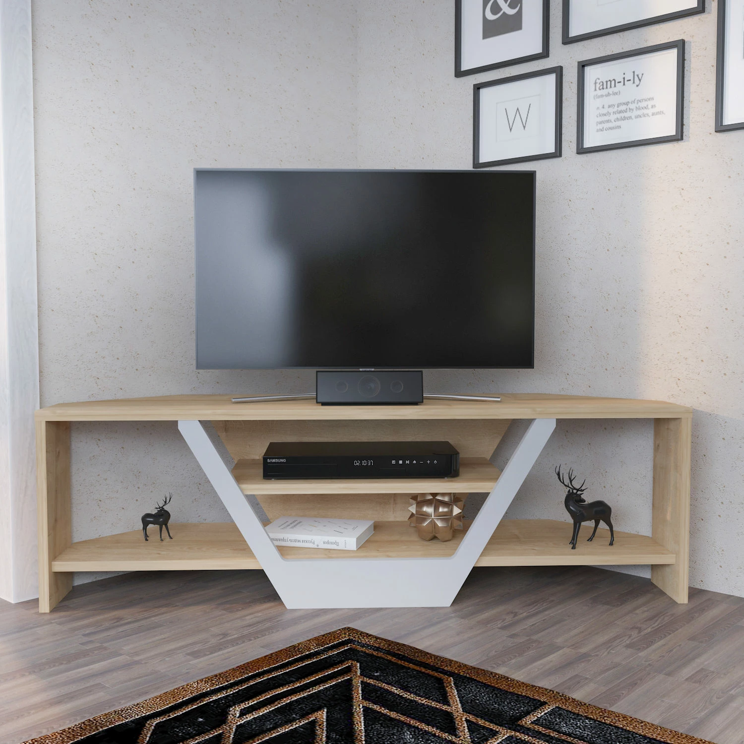 Komodë TV Hanah Home, Sares, ngjyrë lis dhe e bardhë