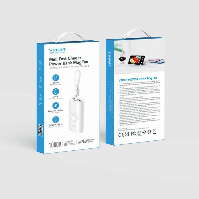 Powerbank VEGER W1162S 10000mAh MagFan me kabllo të integrume Type-C në Lightning, karikues Apple Watch dhe stand, 25W, i bardhë