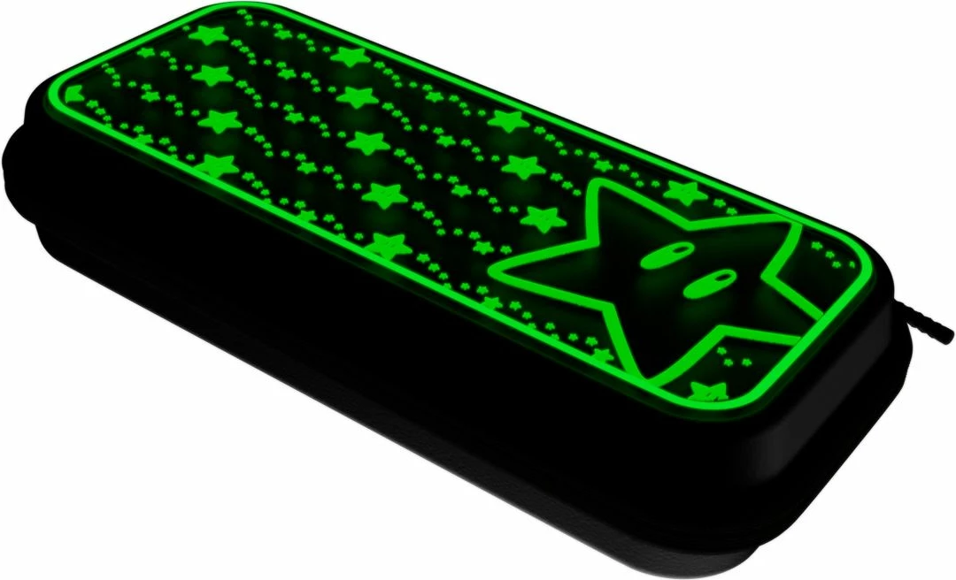 Kasë udhëtimi PDP Switch Travel Case Plus Super Star Glow in the Dark, kompatibile me Nintendo Switch/Lite/OLED, e zezë me të verdhë
