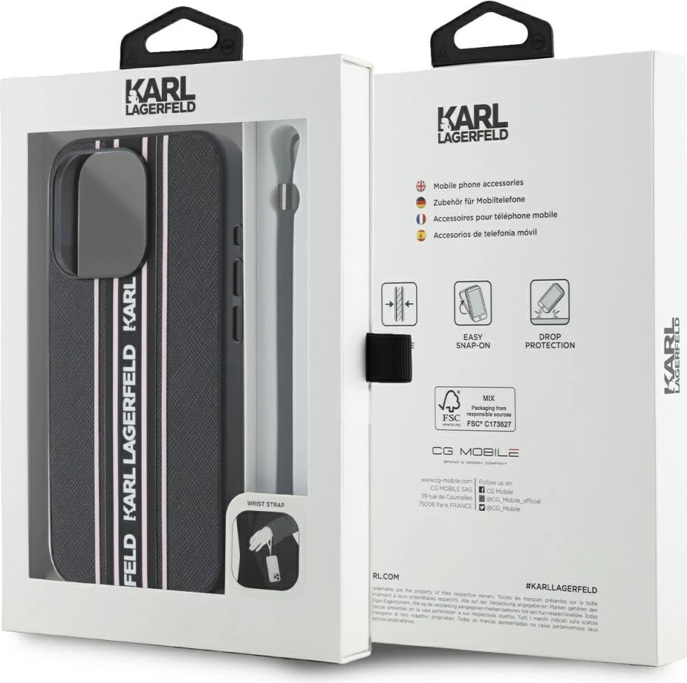 Mbështjellës Karl Lagerfeld Saffiano Athleisure Stripes Cord për iPhone 15 Pro, Rozë