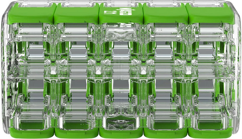 Klemë lidhëse kabllosh WAGO Seria 221 Green Range, 5-hyrje, 0.2-4 mm², 15 copë, transparent/jeshil