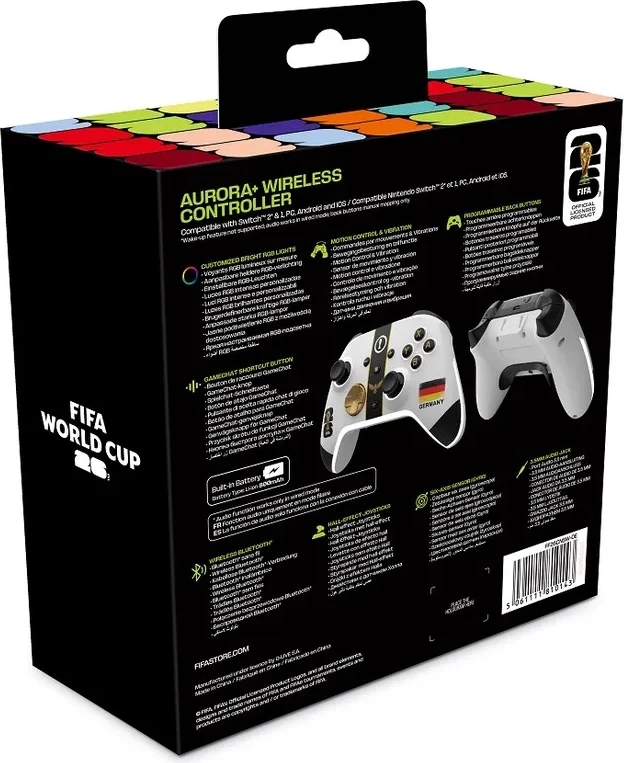 Kontroller pa kabllo DRAGONSHOCK Aurora+ Germany, Bluetooth, Hall Effect, RGB, bateri 800 mAh, për Switch/Switch OLED/Switch 2, PC & mobil, me kabllo USB-C 2 m, bardhë/zezë me detaje ari