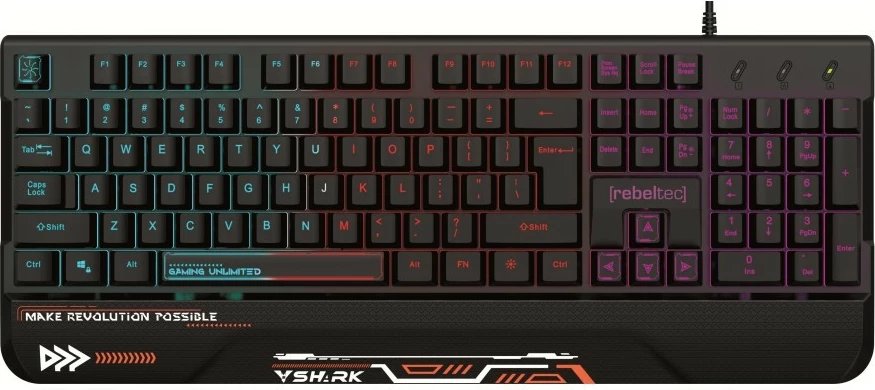 Tastierë gaming Rebeltec SHARK, full-size 104 tasta, RGB, USB me kabllo 1.8 m, me mbështetëse dore, waterproof, e zezë