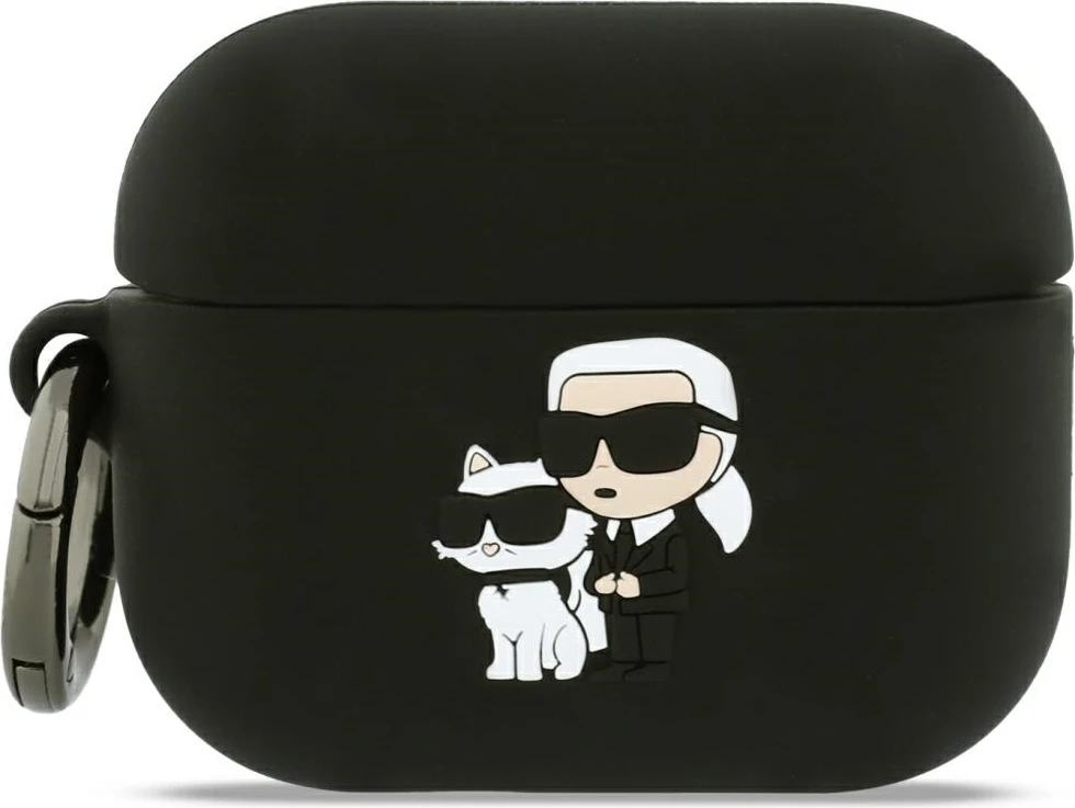 Mbështjellës silikoni Karl Lagerfeld Karl & Chaupette Head 3D për AirPods Pro 3, me karabiner, i zi, në kuti