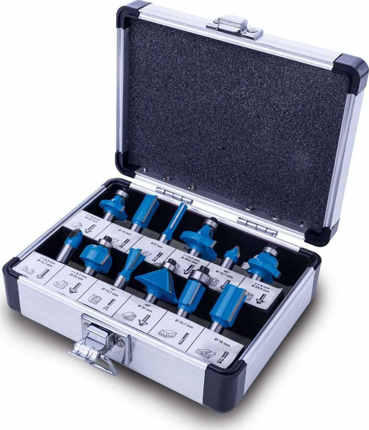Set freza (shank cutters) Scheppach HF50, 8 mm, 12 copë, me kuti alumini