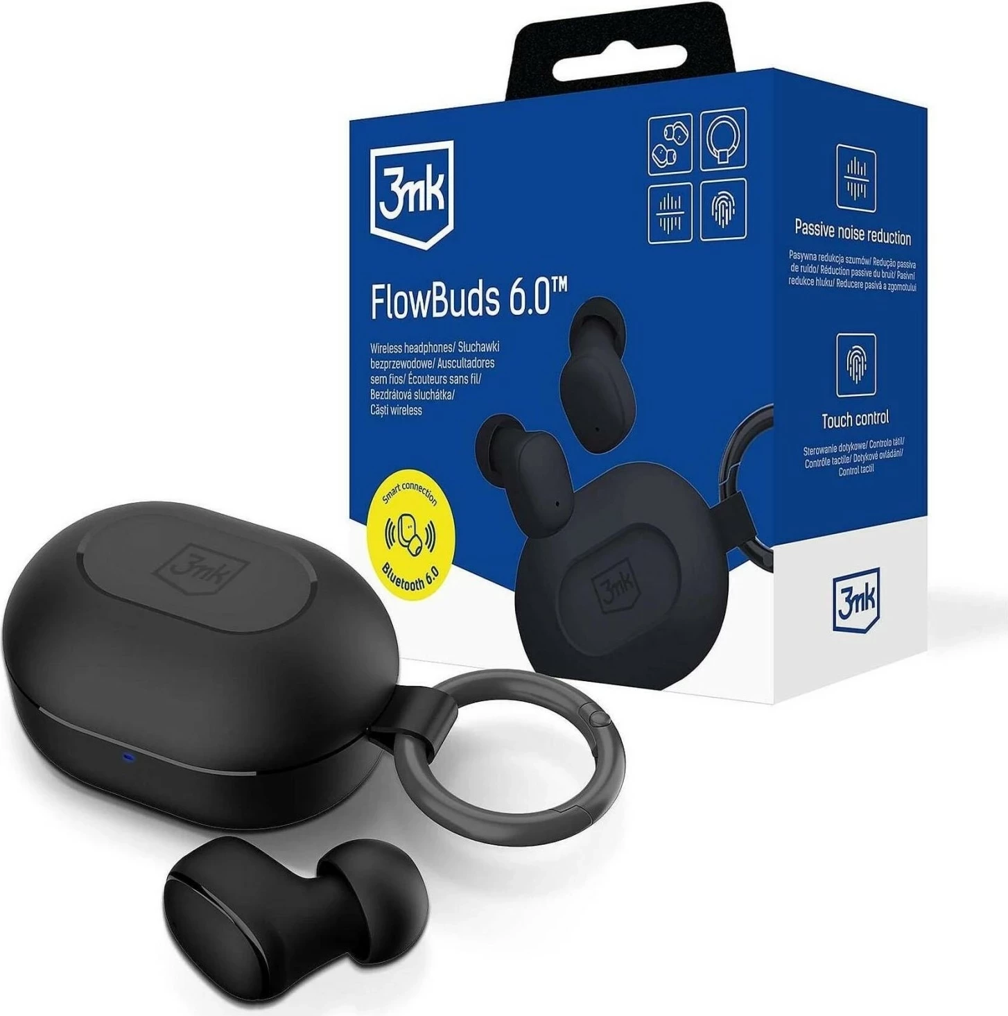 Kufje 3MK FlowBuds 6.0, True Wireless, Bluetooth 6.0, me kuti karikimi, të zeza