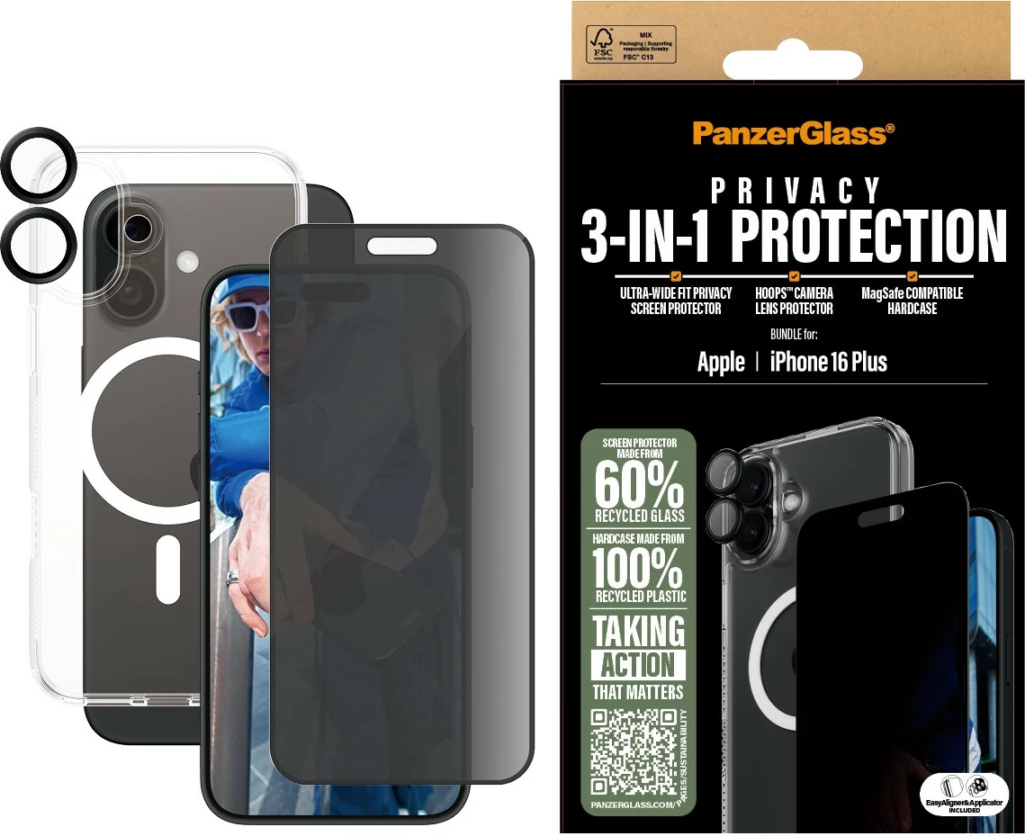 Mbrojtës ekrani PanzerGlass për iPhone 16 Plus, 3-në-1, privatësi, transparent