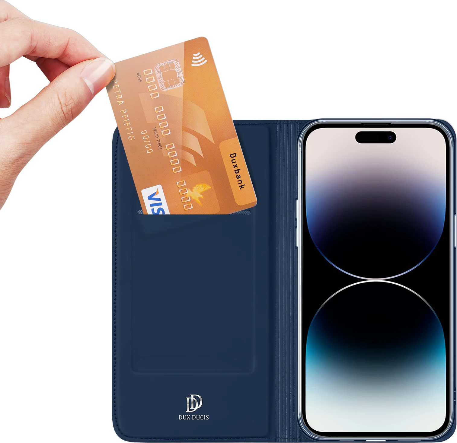 Mbështjellës Dux Ducis Skin Pro për iPhone 15 Pro, me kapak dhe xhep kartelash, Kaltër