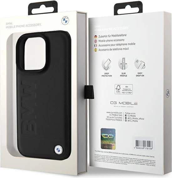 Mbështjellës BMW Leather Hot Stamp për iPhone 16 Pro Max, i zi