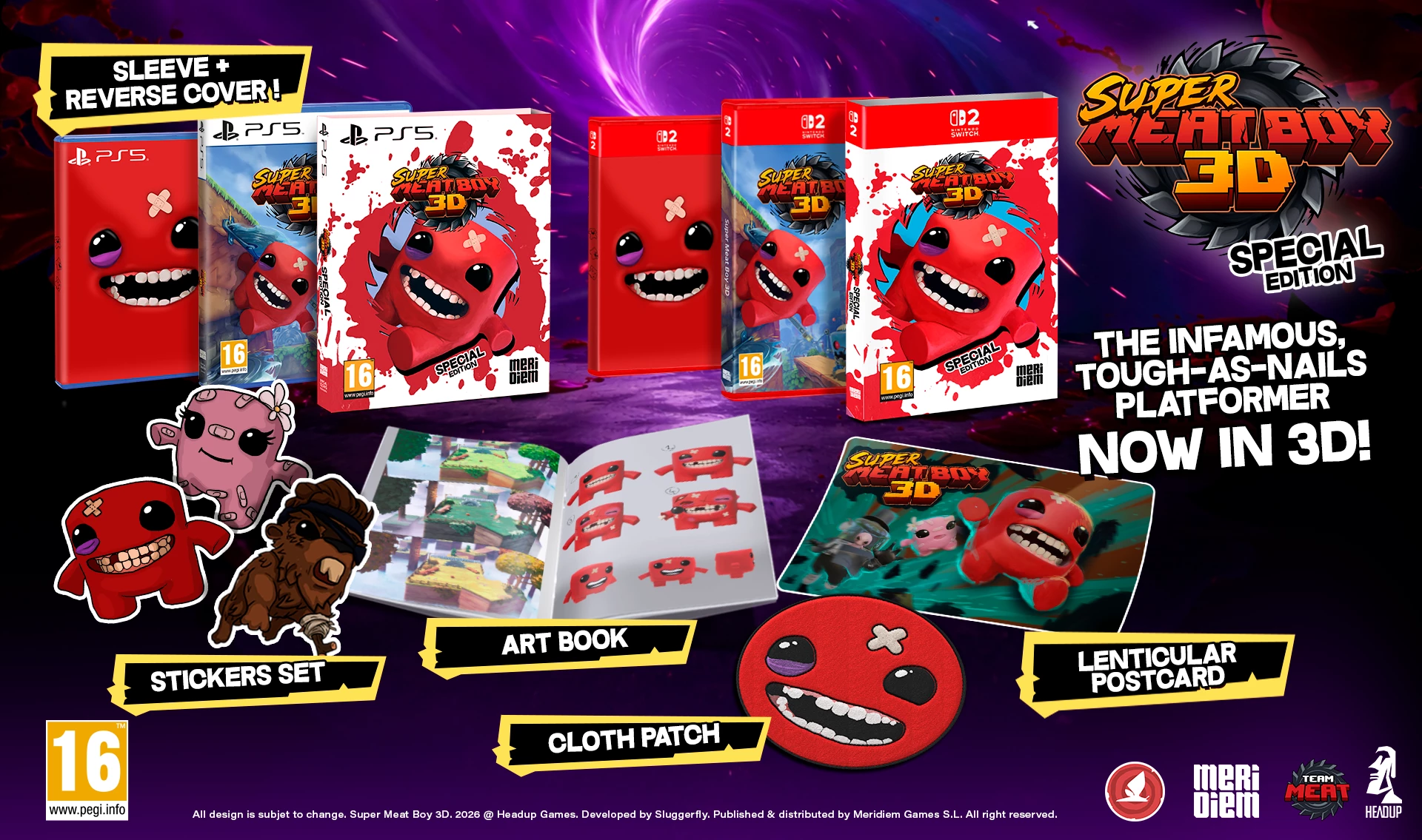 Lojë për PlayStation 5 Meridiem Publishing Super Meat Boy 3D, Special Edition, paketë me slipcase + art book + sticker set + patch + kartolinë lentikulare