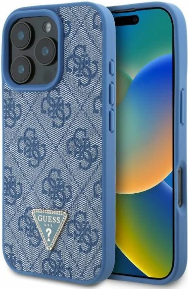 Mbështjellës Guess Leather 4G Triangle Strass për iPhone 16 Pro, MagSafe, Blu