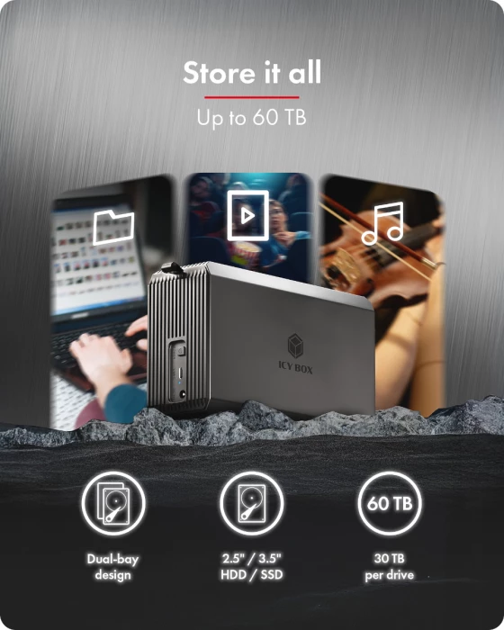 Kasë RAID për HDD/SSD ICYBOX IB-RD3720-CU3, 2x 3.5"/2.5" SATA, USB-C 3.2 Gen 1 5 Gbit/s, deri 60 TB, e zezë
