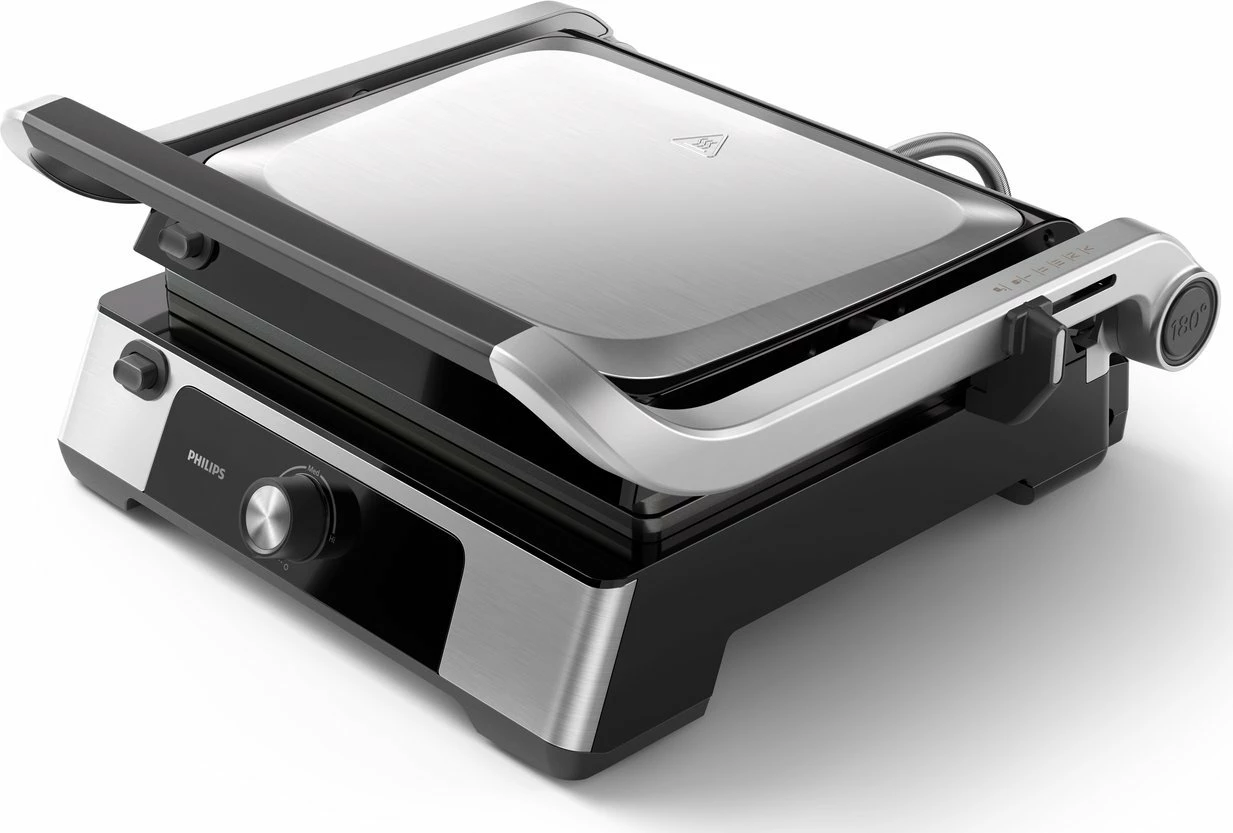 Grill elektrik Philips Series 5000 HD6301/90 2200W, kontakt, 750 cm², pllaka jo-ngjitëse të heqshme, kontroll temperature, me tabaka për yndyrë, zezë/argjendtë, set me 2 pllaka + tabaka