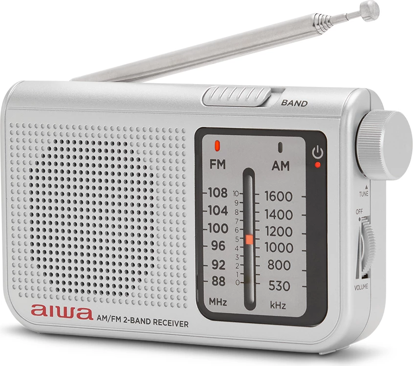 Radio xhepi Aiwa RS-55/SL FM/AM, antenë teleskopike 48 cm, jack 3.5mm, Silver, set me kufje + çantë + rrip + 2x AA bateri