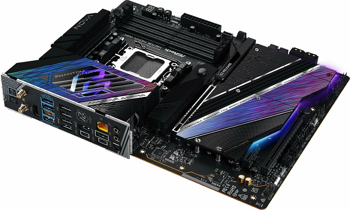 Pllakë amë ASRock X870E Nova WiFi Phantom Gaming ATX DDR5 256GB Wi‑Fi 7 USB4, e zezë/vjollcë, me antenë Wi‑Fi dhe kabllo SATA
