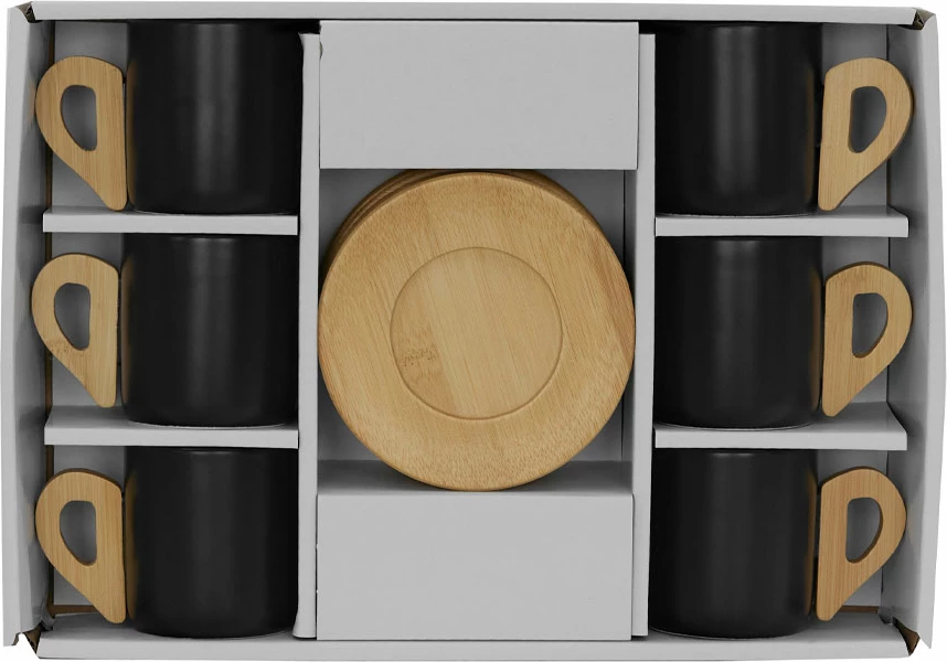 Set filxhanësh espresso Nordic, 6 copë, porcelan i zi, bambu natyral, 29x21x7cm