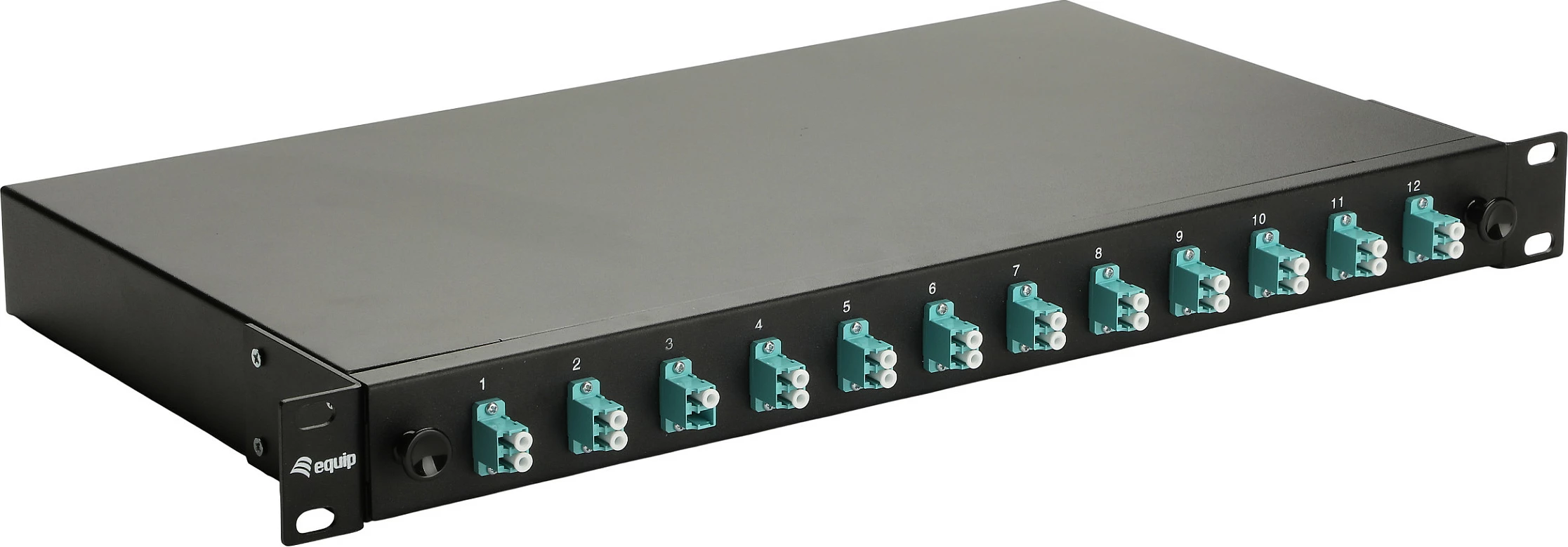 Kuti splice fibër optike Equip 337202, 12-port LC Duplex OM3, 1U rack, e zezë
