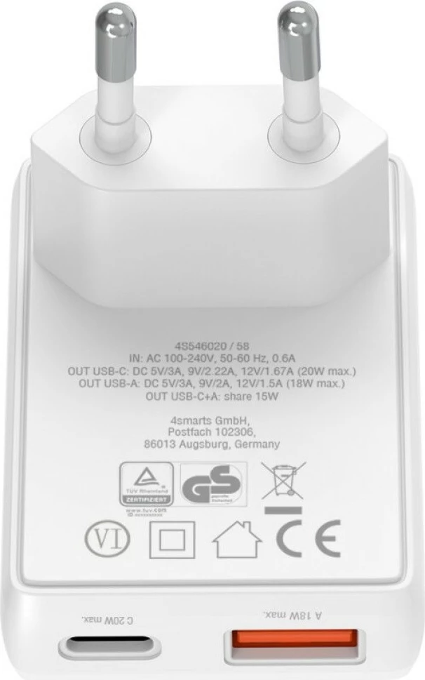 karikues muri 4smarts FlatPlug Duo 4SM000008 20W GaN, USB-C + USB-A, Power Delivery, prizë e sheshtë, e bardhë