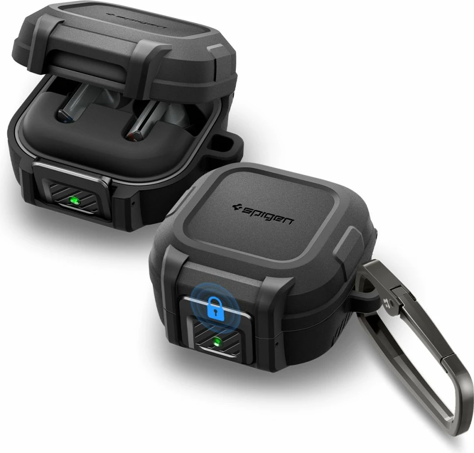 Mbështjellës i blinduar me kyçje Spigen Lock Fit për Samsung Galaxy Buds 4 / Buds 4 Pro, set me karabiner, Matte Black