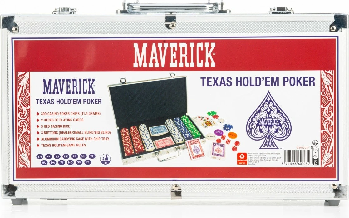 Set poker Cartamundi Maverick, 300 çipsa, 2 kuverta letrash, 5 zara, multingjyrësh, me kasë alumini