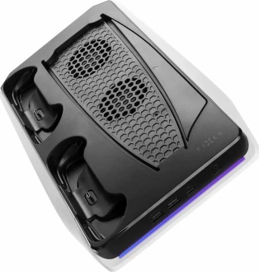 Stacion karikimi Fixed FIXPS5-MCS-BW për PS5/PS5 Slim, 2x karikim DualSense, ftohje me 2 ventilatorë, mbajtëse 12 lojëra, Zi/Bardhë