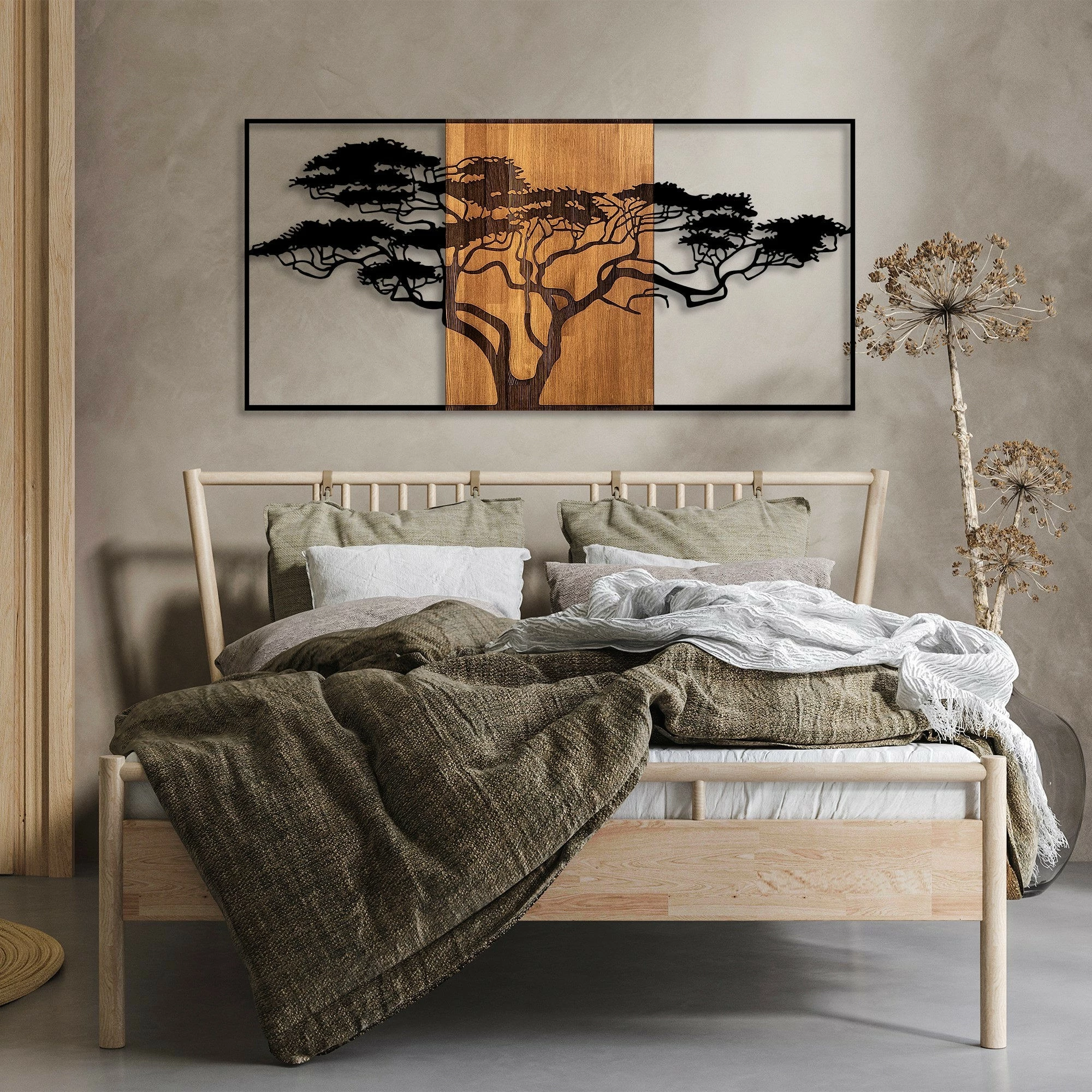 Aksesor dekorativ për mur, dru dhe metal, dizajn peme akacie, ngjyrë e zezë dhe arre, 147x3x70 cm