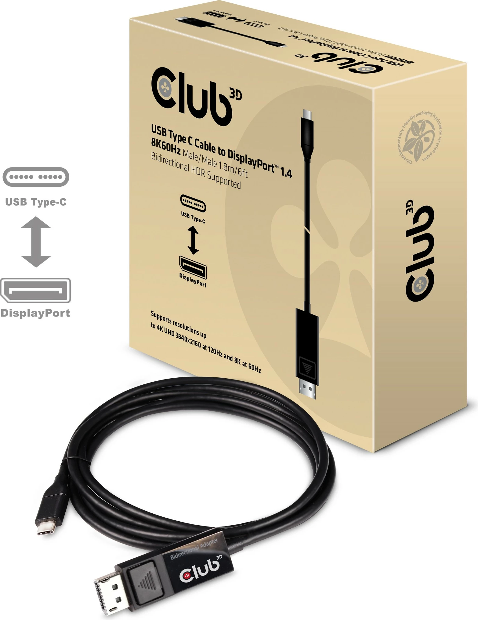 Kabllo USB-C Club3D 1.8m, DisplayPort 1.4, 8K60Hz, e zezë