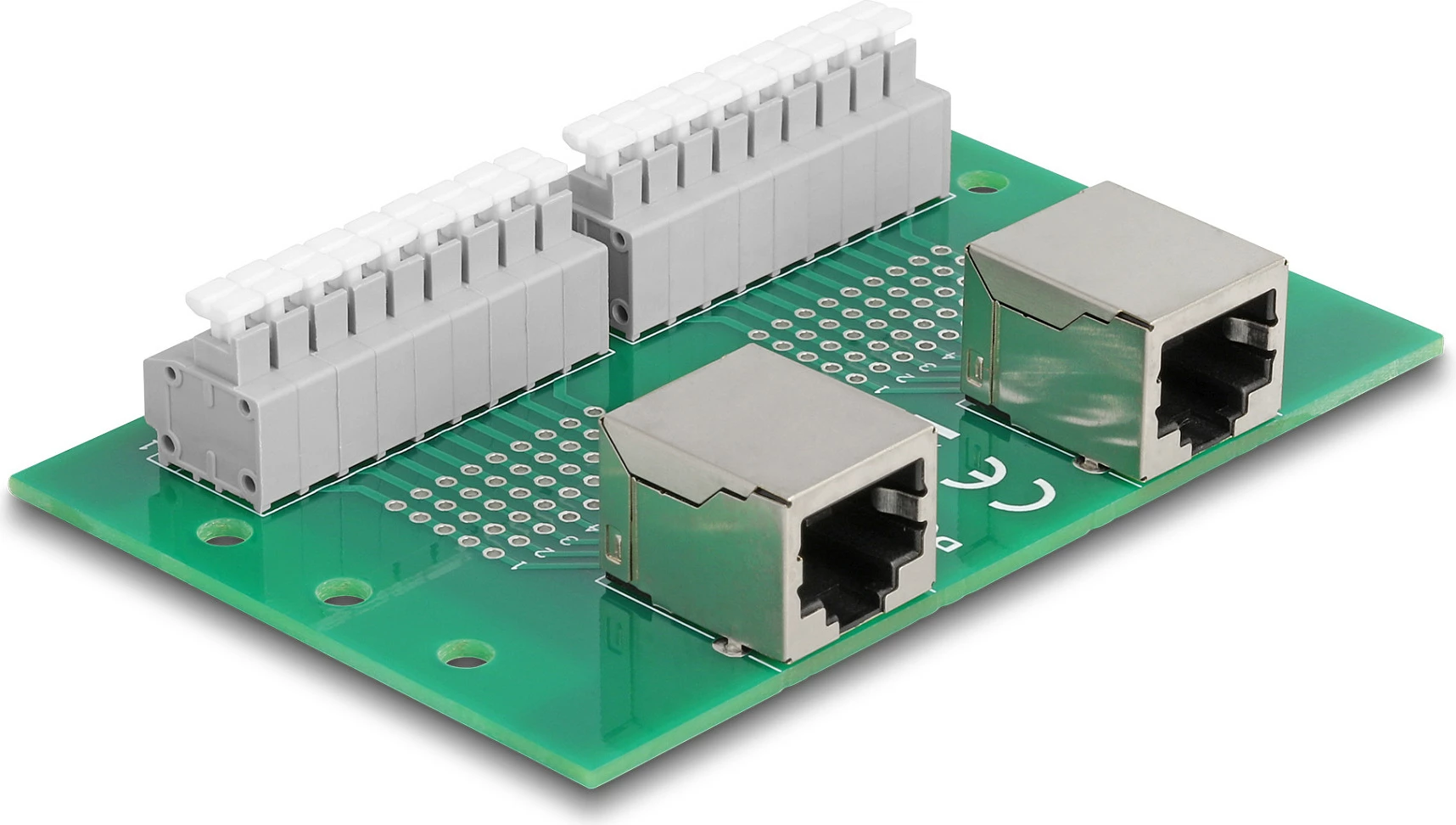 Adapter rrjeti DeLOCK RJ45 2x femër në 2x terminal block me push-button, montim DIN rail, 60x91x18 mm, gjelbër/hirtë