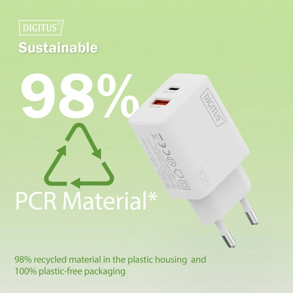 Karikues rrjeti Digitus DA-10301 GaN 30W, 1x USB-C, 1x USB-A, i bardhë