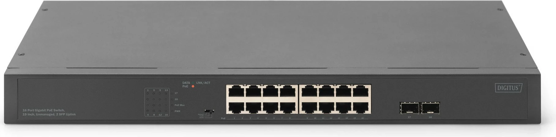Switch Digitus 16-Port Gigabit, 19 inç, unmanaged, 2 Uplink SFP, i zi