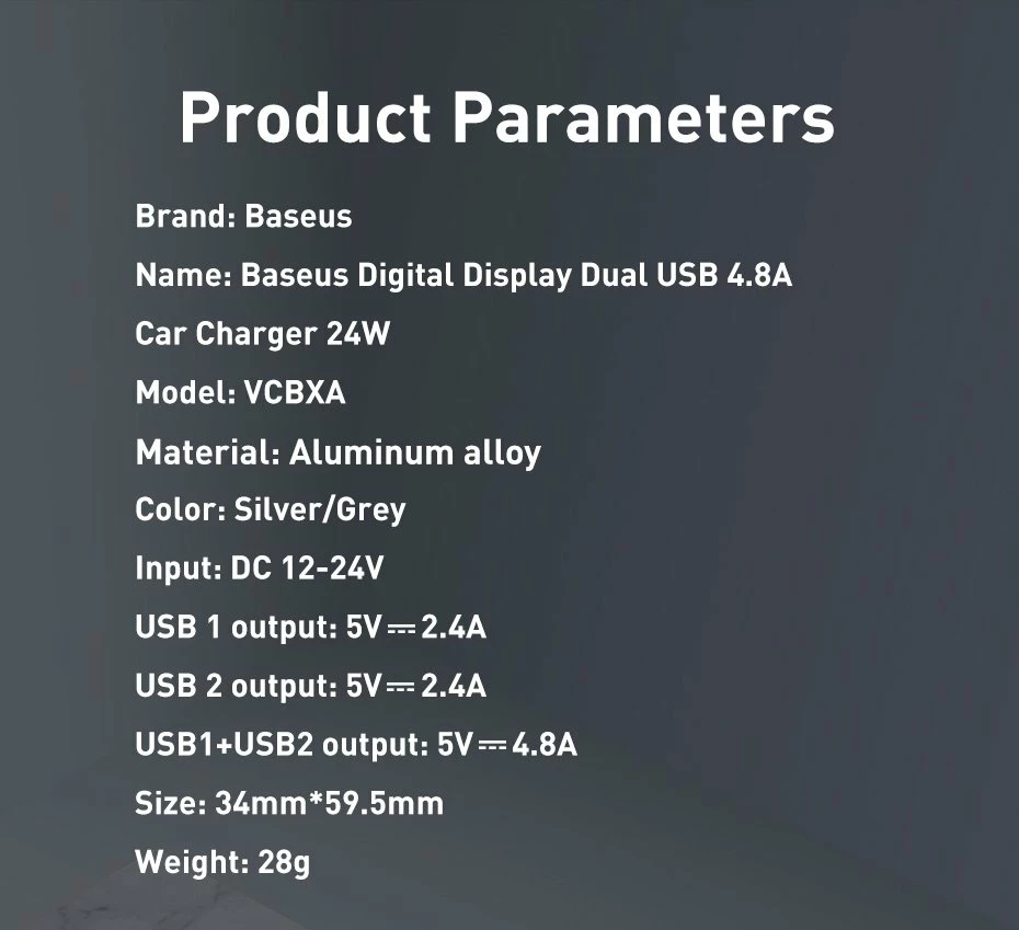 Karikues veture Baseus CCBX-0G, 2x USB, 24W, me ekran LCD, Gri