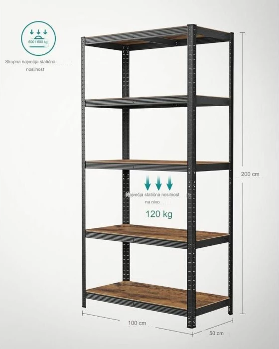 raft magazinimi SONGMICS GLR050B11, 50 x 100 x 200 cm, 5 rafte, 870 kg, industrial, natyral/zi