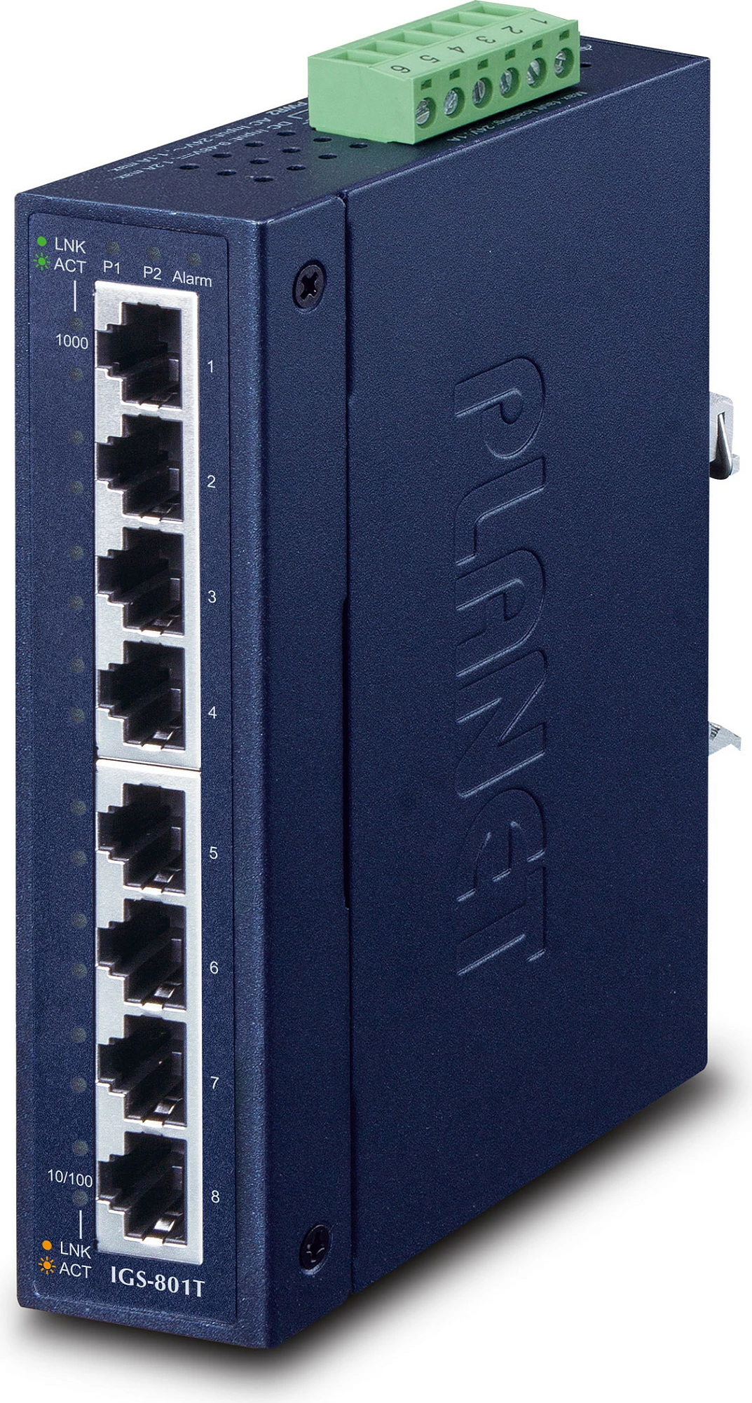 Switch industrial Planet IGS-801T, 8-Port Gigabit, Unmanaged, DIN Rail/Wall, IP30, blu