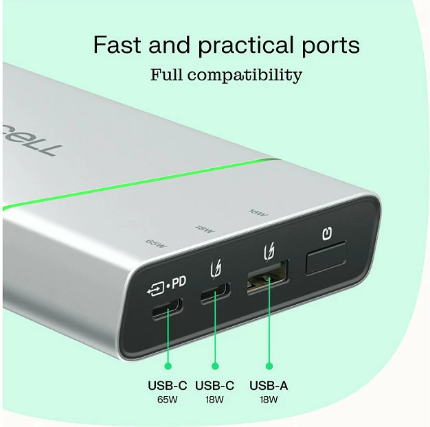 Power bank Green Cell PowerPlay Pro 65W (PBPLGC20P), 20800 mAh, USB-C PD, 3 porta, argjendtë/zi me detaje jeshile