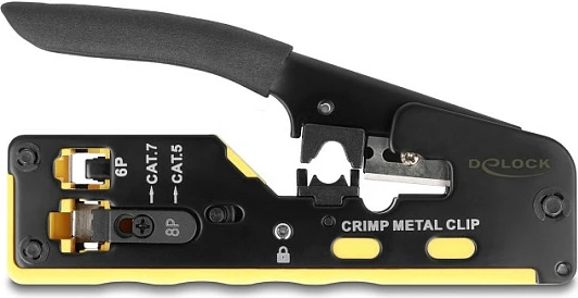 Pincë krimpimi DeLOCK 90583, për RJ-11/RJ-45, me prerës/zhveshës kablli, zezë/verdhe