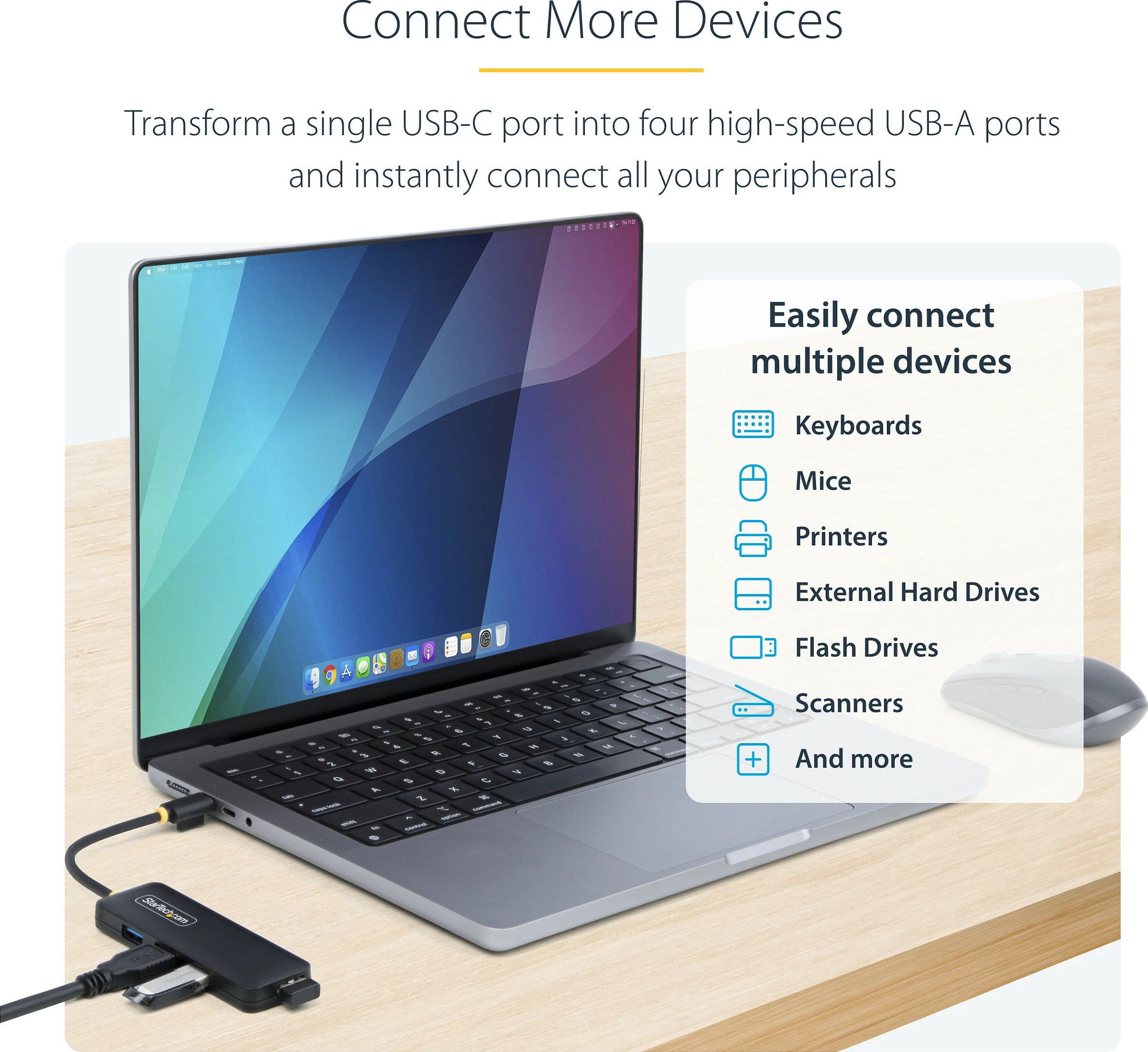 Hub USB-C StarTech 4-Port USB 3.2 Gen 1, 4x USB-A 5Gbps, i zi
