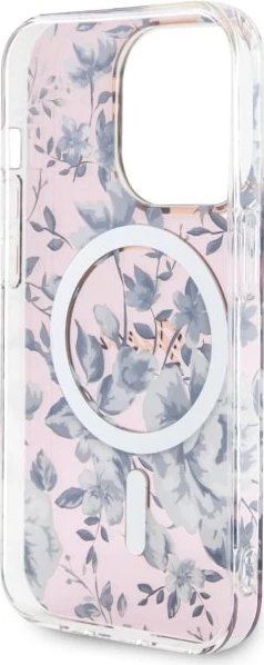 Mbështjellës Guess GUHMP14LHCFWSP për iPhone 14 Pro 6.1", Flower MagSafe, rozë