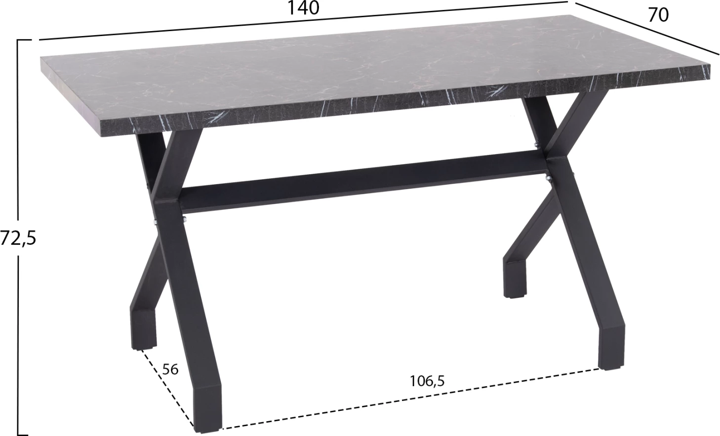 Tavolinë kuzhine LANA, pamje mermeri të zi, këmbë metali të zeza, FH18221.02, 140x70x72.5 cm