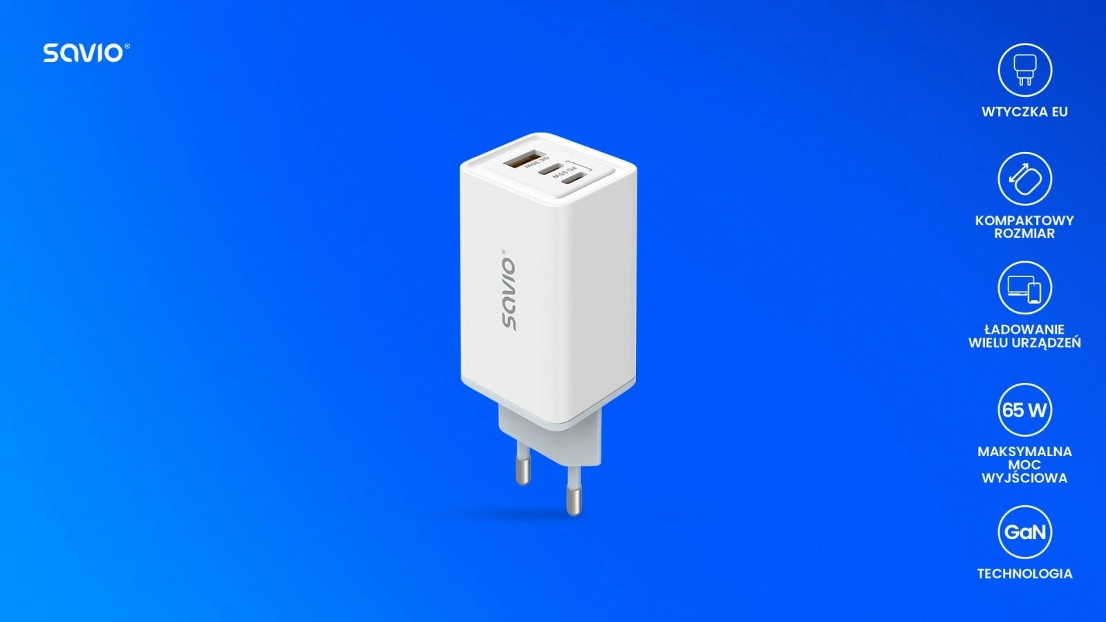 Mbushës muri Savio LA-07, 65W, GaN, 2x USB-C, 1x USB-A, i bardhë