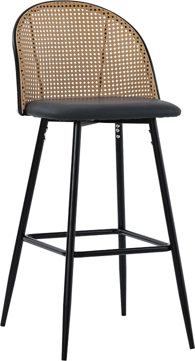 Karrige për bar Kace, pe rattan natyral, pu gri e errët, metal i zi, 43x55x102cm (set prej 2 copash)