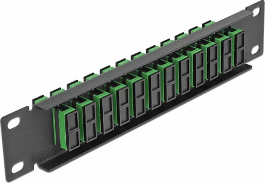 Patch panel fibër optike DeLOCK 10″, 12x SC Duplex, 1U, SMF, zezë/gjelbër