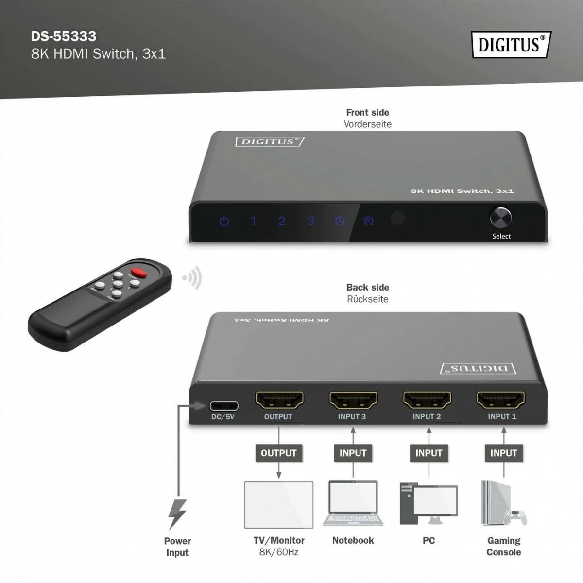 Switch HDMI 8K Digitus DS-55333 me telekomandë, 3 hyrje, 1 dalje, e zezë