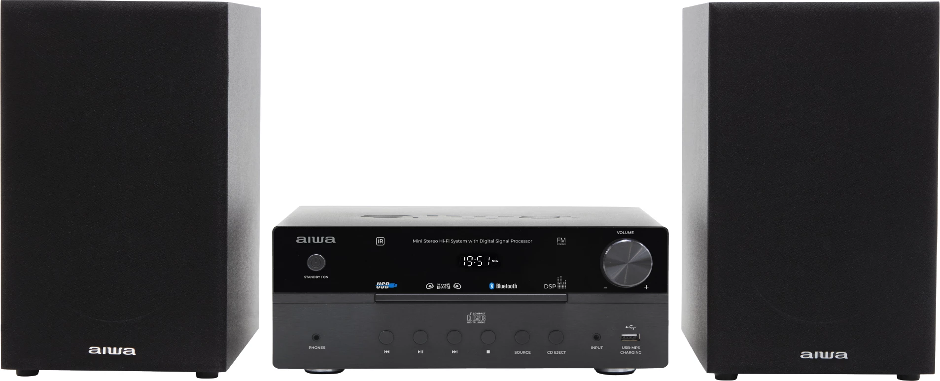 Sistem mini stereo Hi‑Fi Aiwa MSBTU-550 50W RMS me CD, Bluetooth 5.0, FM, USB, set me 2 altoparlantë, e zezë